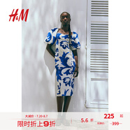 H&M女士花卉連衣裙夏季氣質(zhì)修身歐根紗五分袖燈籠袖連身裙1238363 白色/藍(lán)色圖案 165/96 M