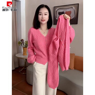 皮爾卡丹（pierre cardin）感粉色針織衫毛衣春秋季2025新款V領(lǐng)燈籠袖開衫洋氣減齡上衣 粉紅色【奶系穿搭早秋/羊毛打底 S 85-95斤