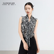 哥弟（GIRDEAR）女裝上衣時(shí)尚夏裝舒適氣質(zhì)百搭復(fù)古荷葉飄帶無袖花襯衫130022 墨綠色 墨灰 M (3碼)