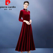 皮爾卡丹（pierre cardin）春秋新款改良金絲絨繡花旗袍連衣裙長(cháng)袖修身顯瘦遮肚過(guò)膝收腰長(cháng)裙 酒紅色315# M 建議80-96斤