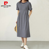 皮爾卡丹（PIERRE CARDIN）森系文藝風女士棉質條紋短袖連衣裙收腰顯瘦懶人裙寬松T恤長裙女 藍灰色條紋連衣裙【中長款】 S 【建議75-95斤】