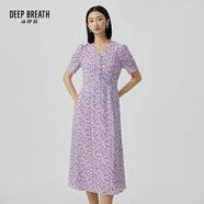 深呼吸DEEP BREATH女裝V領(lǐng)中長(cháng)高腰泡泡袖收腰碎花連衣裙A500197 紫-碎花 M (3碼)
