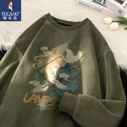 啄木鳥麂皮絨長袖T恤男秋冬季寬松休閑圓領(lǐng)衛(wèi)衣青少年國潮個(gè)性上衣男裝 軍綠色 XL