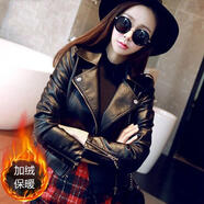 AC-AICHEN2022秋裝新款韓版短款女裝PU女士大碼皮衣修身機車(chē)夾克外套小皮衣 黑色 加絨 S