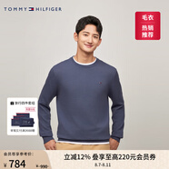 TOMMY HILFIGER【柔軟純棉】25秋冬男撞色條紋學院風針織衫/情侶款純色毛衣 【簡約合身毛衣】霧霾藍C9T M （推薦：135-150斤）