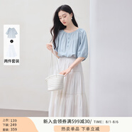 香影中袖襯衫女圓領(lǐng)2025夏裝新款慵懶泡泡袖氣質(zhì)淑女寬松藍色上衣 套裝 襯衫+半裙 XL 170/92A/125-140斤