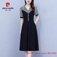 皮爾卡丹（pierre cardin）條紋連衣裙夏裝女大碼2025新款小個子氣質(zhì)收腰顯瘦假兩件套裝裙子 黑色 2XL 建議119-132斤