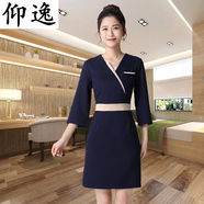 仰逸美容院工作服春夏季美容師養(yǎng)生館足浴技師氣質(zhì)高端短袖套裝服裝 藏青色中袖連衣裙 3XL