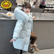 G.DUCKKIDS女童羽絨服冬款毛領(lǐng)加厚中大童羽絨棉襖女孩寬松連帽中長款外套 藍(lán)色(加厚保暖) 160 cm