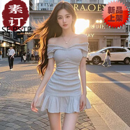 夏典素訂女王（SE.PSTP）純欲辣妹一字肩短袖連衣裙女春夏新款小眾設(shè)計(jì)感拼接荷葉邊短裙子 圖片色連衣裙 S 【78-98斤】