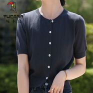 啄木鳥(niǎo)簡(jiǎn)約純棉線(xiàn)針織短袖開(kāi)襟外套2025秋薄防曬衣高腰短款小衫上衣半袖 黑色 XL