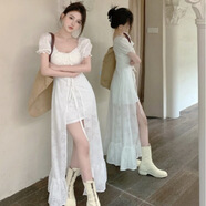 茉馥夏季溫柔風(fēng)小眾法式方領(lǐng)長(zhǎng)款連衣裙女不規(guī)則顯瘦短袖氣質(zhì)收腰長(zhǎng)裙 白色 M 95-105斤