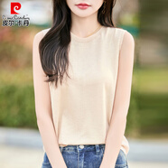 皮爾卡丹（pierre cardin）夏季新款圓領(lǐng)無(wú)袖天絲Tt恤女純色短款簡(jiǎn)約冰絲針織衫 米色 M 建議(90-105斤)
