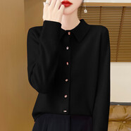 恒源祥感純羊毛開衫女秋冬季節(jié)新款加厚毛衣外套時(shí)尚翻領(lǐng)針織羊毛衫上衣 黑色 XL