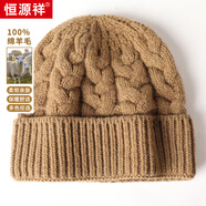 恒源祥100%純羊毛毛線帽新款針織帽時尚經(jīng)典麻花帽男女簡約純色毛線帽子 茶綠  均碼（52-56cm）