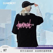 SuaMoment【嚴浩翔同款】SuaMoment抓痕基礎(chǔ)字母情侶T恤國潮流純棉短袖半袖 黑粉 M