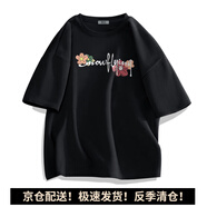 雪中飛 SNOW FLYING夏季女裝純棉T恤圓領(lǐng)百搭簡約印花舒適透氣短袖上衣寬松白色半袖 黑色 343 S