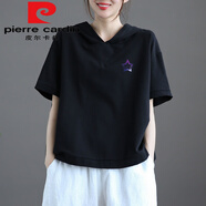 皮爾卡丹（pierre cardin）純棉大碼女裝連帽短袖T恤夏季新.品寬松顯瘦百搭印花棉套頭上衣 黑色【小圖-星空五角星】今年流 L 建議90-110斤