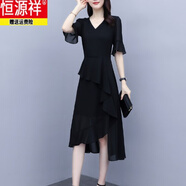 恒源祥不規則雪紡連衣裙短袖時(shí)尚收腰顯瘦氣質(zhì)洋氣長(cháng)裙子女夏裝新款 黑色 M 85-100斤