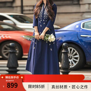 生活在左秋冬新款100%棉繡花優(yōu)雅氣質連衣裙女 藏青色 M