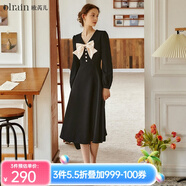 Olrain歐芮兒赫本風(fēng)連衣裙女春裝收腰法式小個(gè)子蝴蝶結黑色裙子 黑色 S 155/80A