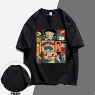 蘇愚100%純棉日系短袖男oversize港風(fēng)寬松百搭t恤BF風(fēng)潮流情侶裝女 A2-8-BE拼圖短袖-黑 S