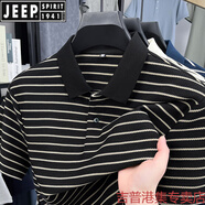 JEEP SPIRIT重磅高克重polo衫男短袖夏季男裝寬松黑白條紋翻領(lǐng)t恤半袖上衣服 黑色 1296 L 125-140斤