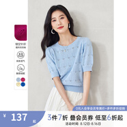 梵希蔓法式鏤空套頭短袖針織衫女2025年夏季新款提花泡泡袖上衣薄 73136 水藍(lán)色 L