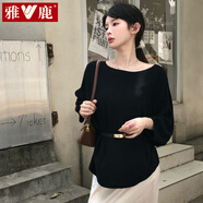雅鹿法式圓領(lǐng)冰絲五分袖針織衫女夏配腰帶慵懶感罩衫氣質(zhì)百搭寬松上衣 黑色 S