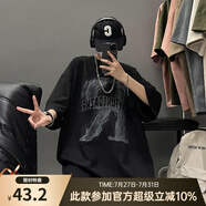 QGF夏季新款麂皮絨燒花重磅短袖T恤男女情侶ins美式潮流大碼寬松上衣 DSC413-T339 黑色 XL 【建議130-145斤】
