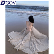 DGOV超仙海邊度假連衣裙露背長裙氛圍拍照女神穿搭性感仙氣套裝裙 豆沙灰綠 XL