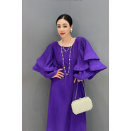酷章（KUZHANG）酷章2024冬季新款女士百褶長(zhǎng)連衣裙圓領(lǐng)荷葉袖寬松時(shí)尚優(yōu)雅淑女裝 紫色 S