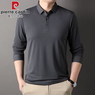 皮爾卡丹（pierre cardin）春秋季肌理紋褶皺無痕長袖T恤男豎條紋polo衫商務(wù)翻領(lǐng)休閑打底衫 灰色 M 165