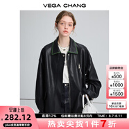 VEGA CHANG黑色皮衣女2025春秋寬松顯瘦機車風pu皮短外套 松綠黑 M
