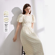 米萊達(dá)（MEETLADY）法式優(yōu)雅泡泡袖連衣裙女2024年夏季新款短袖收腰a字長裙 米白色 S