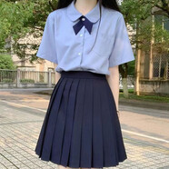 酷章（KUZHANG）學生jk制服短袖襯衫百褶半身短裙中長款套裝班服夏學院風大碼襯衣 水色襯衫+藏青交叉領結(jié) XS