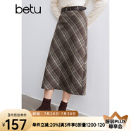 百圖betu女裝冬季新款半身裙直筒復(fù)古格紋百搭顯瘦裙子女2410D04 咖格 M
