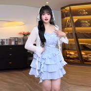 冉藝嵐同款甜美芭蕾風(fēng)套裝女夏季胖顯瘦防曬開(kāi)衫吊帶蛋糕裙三件套 藍(lán)格短裙兩件套 M 【80-100斤】