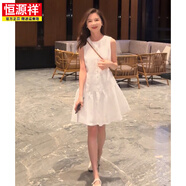 恒源祥今年流行感天絲亞麻夏季無(wú)袖連衣裙女裝設(shè)計(jì)感巨好看顯瘦短裙 米白 S 85-110斤