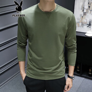 花花公子（PLAYBOY）莫代爾打底衫男長袖T恤春秋純色內(nèi)搭圓領(lǐng)白色秋衣薄款體恤上衣服 5001軍綠色   M (適合95-115斤)
