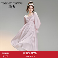 糖力【商場(chǎng)同款】春 在逃公主裙 長(zhǎng)袖蝴蝶結(jié)綁帶天絲混紡連衣裙女秋 粉紫色 S