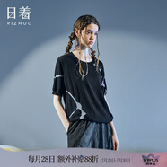 日著原創(chuàng)純棉針織短袖T恤女2025秋新款嵌花圓領(lǐng)不對(duì)稱洋氣上衣女 靜夜黑 S