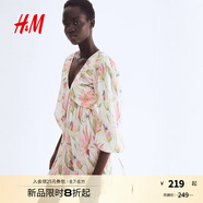 H&M女裝花卉連衣裙2025夏季新款度假風喇叭袖褶紋連身裙1295133 奶油色/花卉 M 165/96