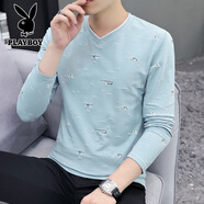 花花公子（PLAYBOY）新款長袖V領(lǐng)T恤男士秋裝學(xué)生條紋體恤衫男裝帥氣打底衫 292藍(lán)色 M (建議100斤內(nèi)穿)