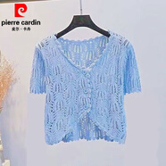 皮爾卡丹（pierre cardin）鏤空針織小披肩女夏季薄款冰絲外搭配裙子短款短袖開(kāi)衫外套空調衫 藍色 XL
