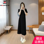 AEMAPE夏季短袖圓領(lǐng)T恤長裙子直筒顯瘦寬松外穿打底赫本風(fēng)黑色連衣裙女 黑色 L 建議116-130斤
