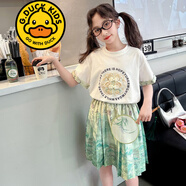G.DUCKKIDS品牌童裝女童套裝夏季套裙兒童夏裝短袖T恤半身裙子兩件套中大童 8801國(guó)風(fēng)馬面裙套裝 綠色 常規(guī) 120