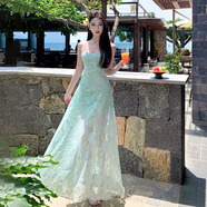 桂岐網(wǎng)紗拼接提花吊帶連衣裙女夏季綠色海邊度假風(fēng)裙子收腰a字裙長(zhǎng)裙 網(wǎng)紗提花連衣裙綠色M碼80-115斤