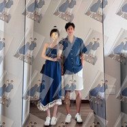 情侶裝夏季寬松短袖格子襯衫法式度假風(fēng)吊帶連衣裙氣質(zhì)一裙一衣潮 女生吊帶裙 S  建議150-165cm/78-98斤