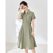 皮爾卡丹（pierrecardin）今年流行質感收腰襯衫裙2025年夏季新款通勤氣質百搭精致連衣裙女 綠色 L (建議105-115斤高品質)